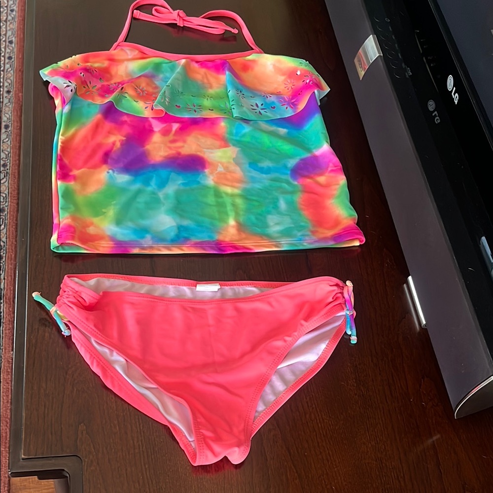 Angel Beach Girls Colorful Neon Tie Dye Tankini Swimsuit. Size 14.5.